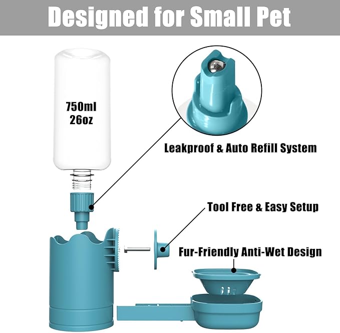 Pet Water Bottle for Cage Crate 26oz Automatic Feeding Water Dispenser for Dog Cat Rabbit (Blue, 26oz)