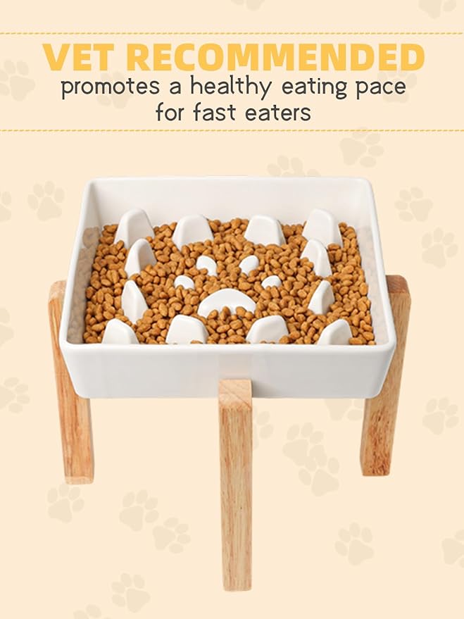 GDCZ Dog Slow Feeder Bowls, Square Ceramic Pet Food Bowl for Medium Breed, Fun Dog Bowls to Slow Down Eating (White, M-1.8 Cups+Stand)