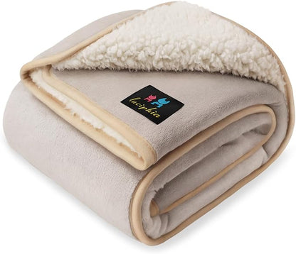 Luciphia Waterproof Pet Blanket, Liquid Pee Proof Dog Blanket for Sofa Bed Couch, Reversible Sherpa Fleece Furniture Protector Cover for Small Medium Large Dogs Cats, Khaki+Beige Large（65" x 57"）