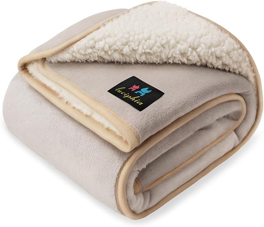 Luciphia Waterproof Pet Blanket, Liquid Pee Proof Dog Blanket for Sofa Bed Couch, Reversible Sherpa Fleece Furniture Protector Cover for Small Medium Large Dogs Cats, Khaki+Beige Large（65" x 57"）