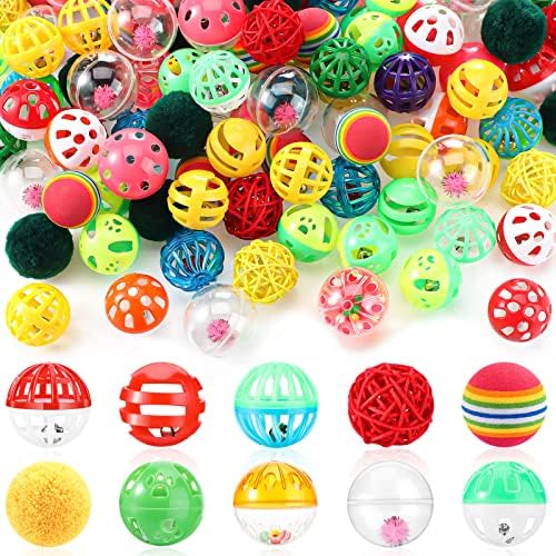 Hungdao 100 Pcs Cat Toys Bulk Plastic Small Crinkle Ball Assorted Cat Balls with Bell for Kitten Chase Pounce Rattle Play Toys, Assorted Color by Hungdao