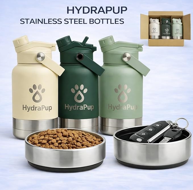 32oz Insulated Water Bottle with Dog Bowls – Human & Pet Shared Use, Stainless Steel Leakproof Travel Bottle (Sand Beige)