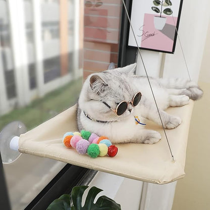 Cat Window Hammock Perch Cat Safety Sunny Bed with Durable Heavy Duty Suction Cups Resting Sunny Window Seat for Indoor Cats Sleeping Space Saving Mounted Bed (Khaki)