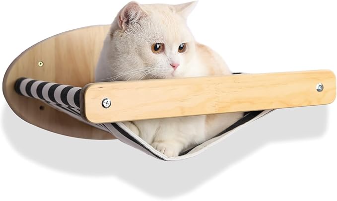 Cat Hammock Wall Mounted Large Cats Shelf - Solid Wood Cat Perches Climbing Shelf- Stripes Kitty Furniture for Sleeping, Playing, Climbing, and Lounging - Easily Holds up to 40 lbs (Stripes Hammock)