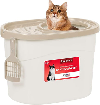IRIS USA Large Top Entry Cat Litter Box with Lid Enclosed Covered Hooded Design Litter Catching Scatter Shield Pan Dog Proof Pet Proof Scoop Included Odor Control for Indoor Cats Kittens White/Beige