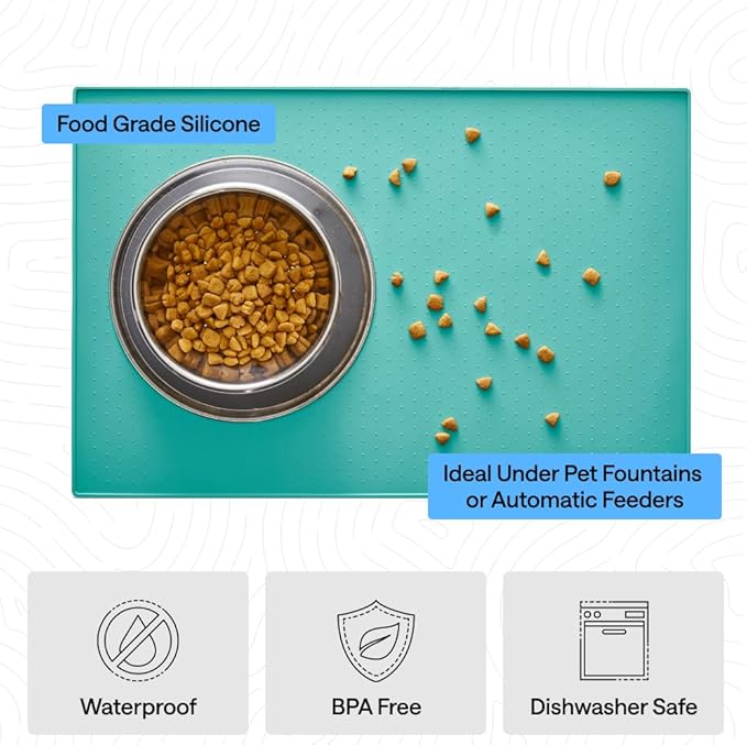 GORILLA GRIP 100% Waterproof Raised Edge BPA Free Silicone Pet Feeding Mat, Dog Cat Food Mats Contain Spills Protects Floors, Placemats for Cats and Dogs Water Bowl, Pets Accessories 16x10, Turquoise