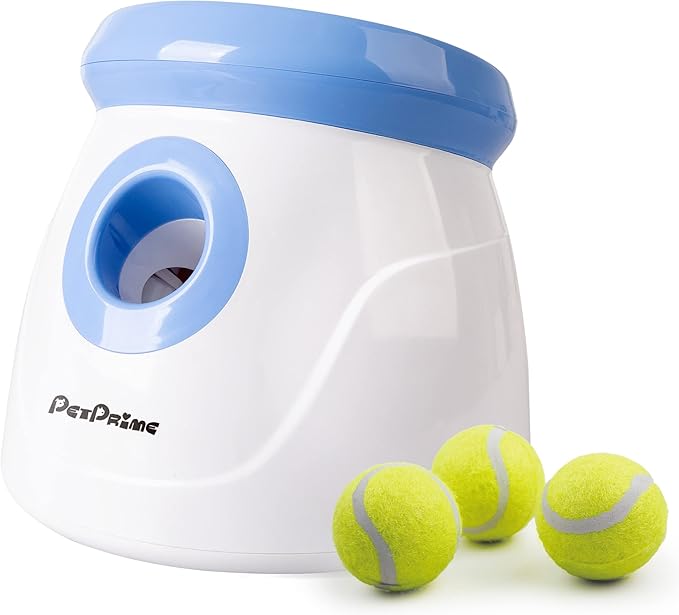 Pet Prime Automatic Dog Ball Thrower Launcher for Small and Medium Dogs, Interative Dog Fetch Machine with 3 Tennis Balls (2'') for Indoor/Outdoor Throwing Game Launch Distance 10-30ft