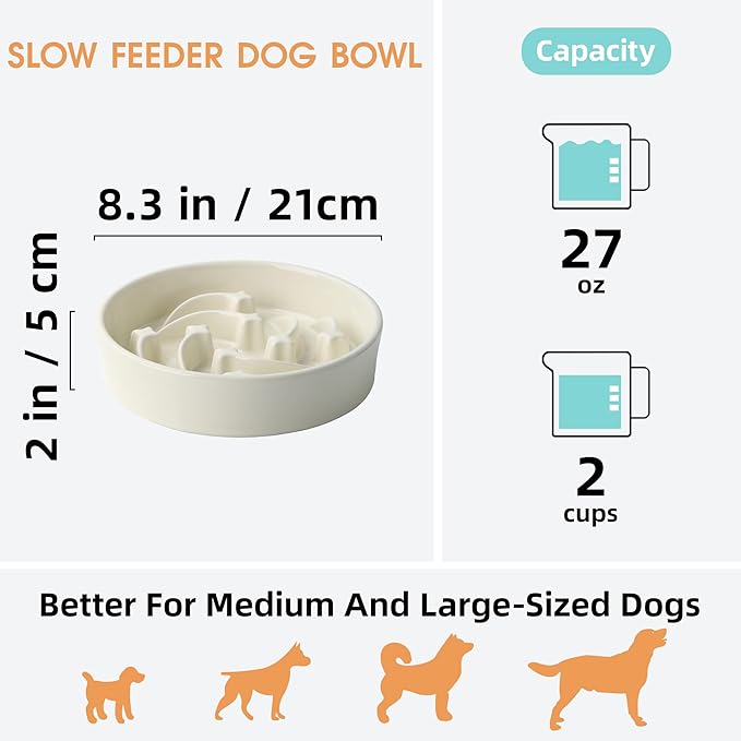 Ceramic Slow Feeder Dog Bowls Large Breed, 2 Cups Slow Eating Dog Bowl, Anti-Gulping Pet Food Bowl Reduce Choking, Heavy Puzzle Maze Design Pet Dishes for Fast Eaters, 8.3 inch - Beige
