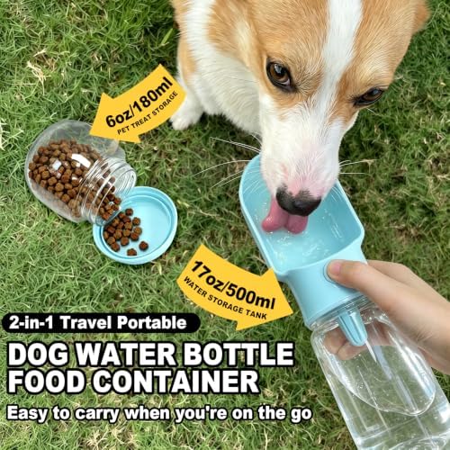 Blue Large Portable Dog Water Bottle(17oz) with Food Container - Image 2