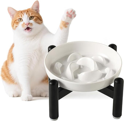 Elevated Slow Feeder Cat Bowl - Melamine Cat Food Plate with Anti-Slip Metal Stand - Raised Maze Dish for Slow Eating - Ivory White