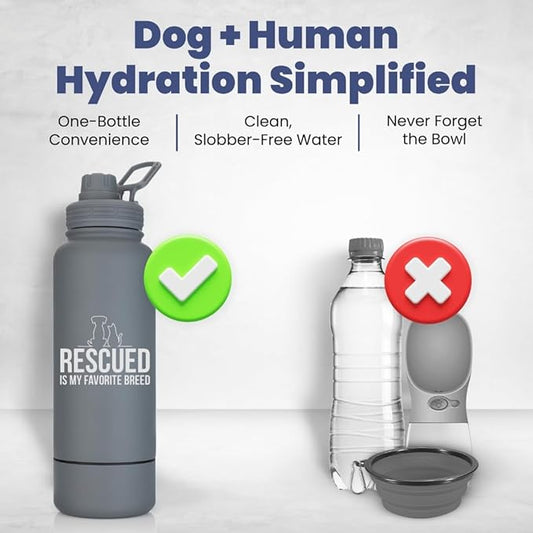 Rescue Dog Lover Water Bottle – 32 oz Stainless Steel Double Wall Insulated with 8 oz Detachable Bowl – Animal Rescue Gifts for Dog or Cat Lovers – “Rescued is My Favorite Breed” – Smoky Grey