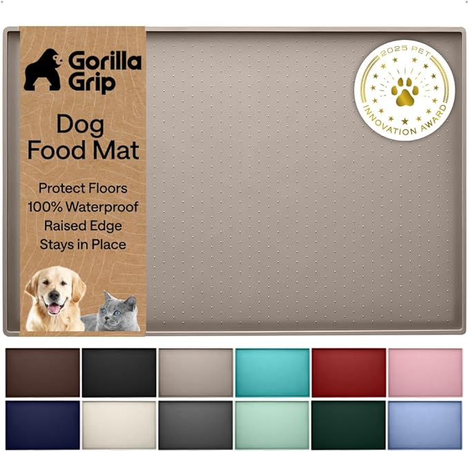 GORILLA GRIP 100% Waterproof Raised Edge BPA Free Silicone Pet Feeding Mat, Dog Cat Food Mats Contain Spills Protects Floors, Placemats for Cats and Dogs Water Bowl, Pets Accessories 23x15 Beige