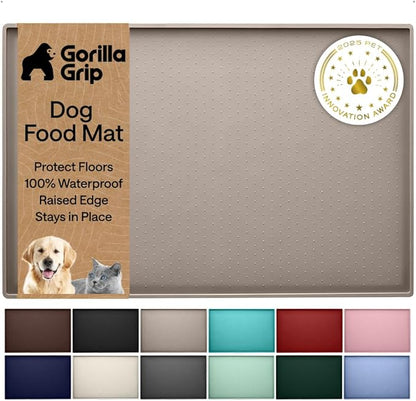 GORILLA GRIP 100% Waterproof Raised Edge BPA Free Silicone Pet Feeding Mat, Dog Cat Food Mats Contain Spills Protects Floors, Placemats for Cats and Dogs Water Bowl, Pets Accessories 23x15 Beige