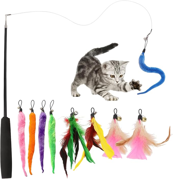Hypeety Cat Toys for Indoor Cats Interactive Retractable Fishing Pole Wand with Refills Feathers Cat Teaser Wand with Feathers Cute and Funny Cat Toy Wand for Playtime Chase and Exercise 10PCS