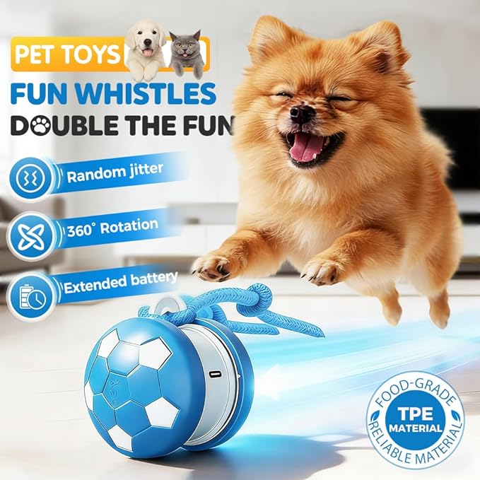 Interactive Dog Toys, 2026 Upgraded Motion-Activated Electric Automatic Rolling Ball with Rope, Random Path Movement, Rechargeable Boredom Relief Toy for Small Medium Large Dogs (Blue)