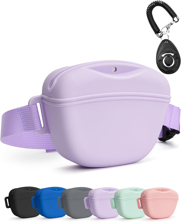 heouvo Dog Treat Pouch with Training Clicker, Upgrade Stronger Magnetic Closure to Avoid Spilling, 1.67 Cup Silicone Treat Bag Fanny Pack with Waist Belt for Pet Training Walking (Violet)