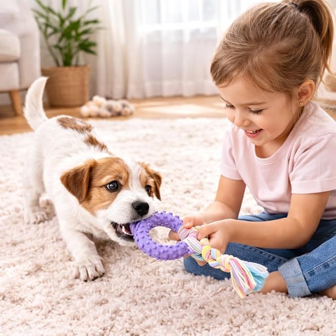 Chew Toys, 6 Pcs Soft Rubber Teething Toys for Small Dogs, Eco-Friendly Interactive Dog Toys, Teeth Cleaning, Cute Purple Design