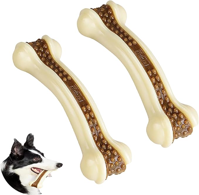 Dog Bones Chew Toys for Aggressive Chewers, 2 Pack Real Beef Flavor,Indestructible Dog Teething Chew Toys for Large/Medium/Small Breed,Tough Toy with Durable Nylon