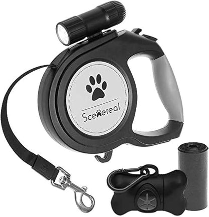 SCENEREAL Heavy Duty Retractable Dog Leash 26 FT with LED Flash Light & Poop Bag Dispenser for up to 110 LB Small Medium Large Dogs Outdoor Walking & Training