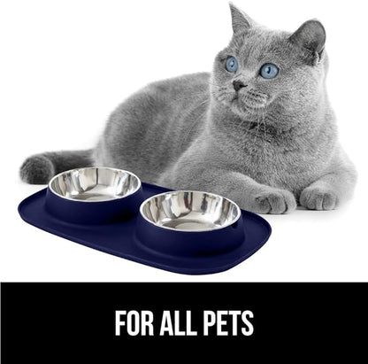 GORILLA GRIP Feeding Mat Bowl Set, 4 Cup 100% Waterproof BPA Free Silicone, 304 Stainless Steel Cat and Dog Bowls for Food and Water, Slip Resistant, High Edge, US Designed, Patent Pending, Navy Blue