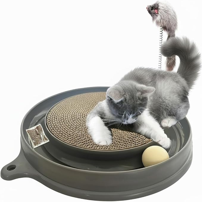 AUOON Cat Scratcher Toy with Ball Track - 3 in 1 Interactive Cat Toy, Cat Scratch Pad with Cat Ball Toy and Plush Cat Mouse Toy for Indoor Cats and Kittens (Gray)