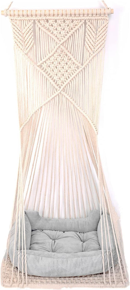 Macrame Hanging Cat Hammock Bed Cat Swing House Space Saving Window Perch with Washed Cotton Cats Toy Tassel Basket Tapestry (Beige, Swing Bed+Cushion)