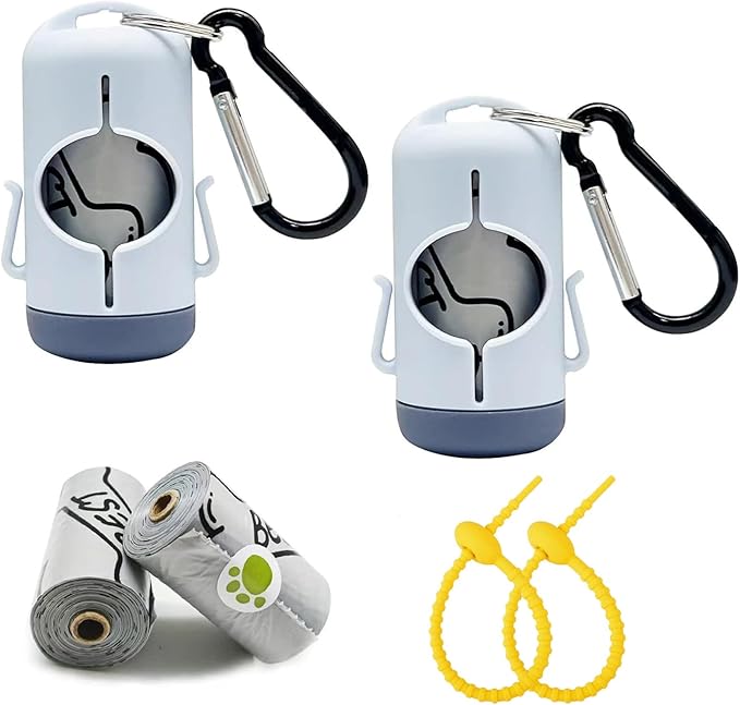 Dog Poop Bag Holder with Leash Clip, Adjustable Strap & 2-Side Hooks for Used Dog Waste Bags (Blue Grey)