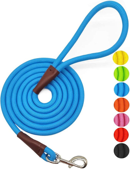 MayPaw 4/6 /8/10 FT Dog Leash, Classic Solid Colors, Strong Nylon Rope Dog Leash Reinforced with Leather Tailor Connection Heavy Duty Silver Clasp (10ft*1/2", Blue)