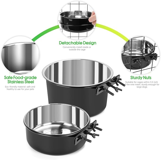 2 Pcs Large Dog Food Water Bowl for Cage with Upgraded Clamp Holder, Black Pet Kennel Hanging Bowls Stainless Steel Non-Spill Detectable Bowls Crate Feeder Dish for Large Dogs (7x3.7''& 6.3x2.5'')