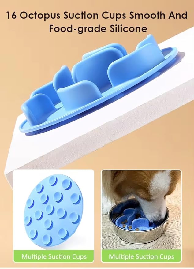 Oak & Tail Slow Feeder Dog Bowl with Removable Silicone Insert, 2-in-1 Pet Food Water Bowl, Anti-Gulping Design for Healthy Eating, Gray, Blue