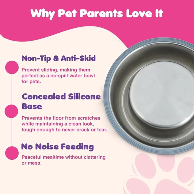 Stainless Steel Dog Bowls | Cat Bowls (Pack of 2) - Anti Skid & Non Tip Dog Water Bowl | Cat Water Bowl Set - Dishwasher Safe - 32 Oz - 950 ml - 23 cm Diameter (Elegant Silver Stripes)