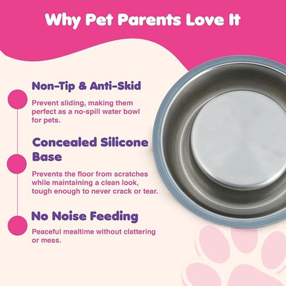 Stainless Steel Dog Bowls | Cat Bowls (Pack of 2) - Anti Skid & Non Tip Dog Water Bowl | Cat Water Bowl Set - Dishwasher Safe - 32 Oz - 950 ml - 23 cm Diameter (Elegant Silver Stripes)