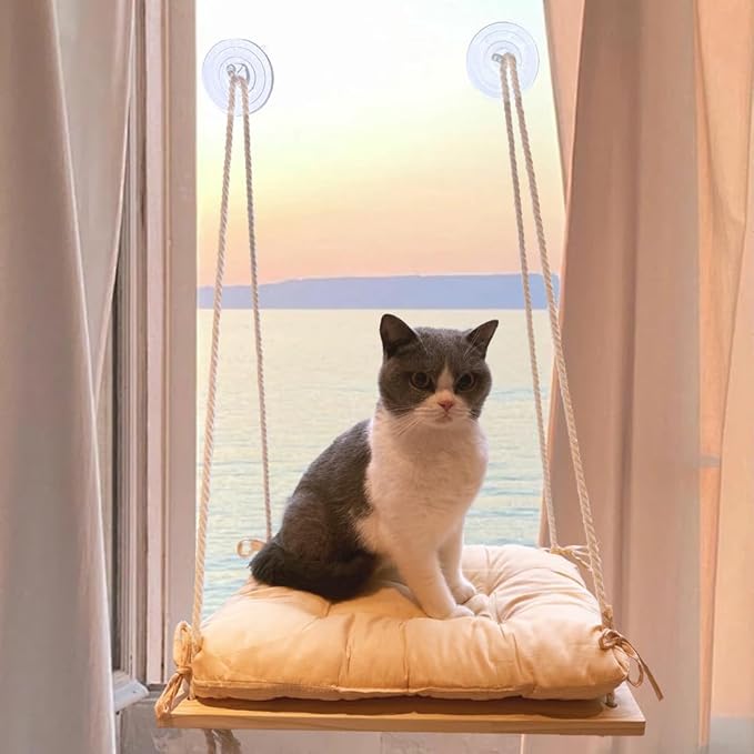 Cat Window Perch with Gunny Rope and Thick Cushion, Wooden Cat Hammock for Window, Bed for for Small Medium Indoor Cats