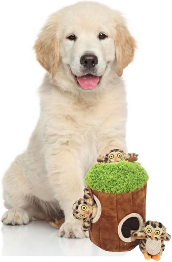 Glow Pups Dog Hide and Seek Toy, Interactive Burrow Dog Toy with Squeaker, Plush Owl in Tree for Small Dogs, Promotes Mental Stimulation, Woodland Style, Brown, 3-Pack