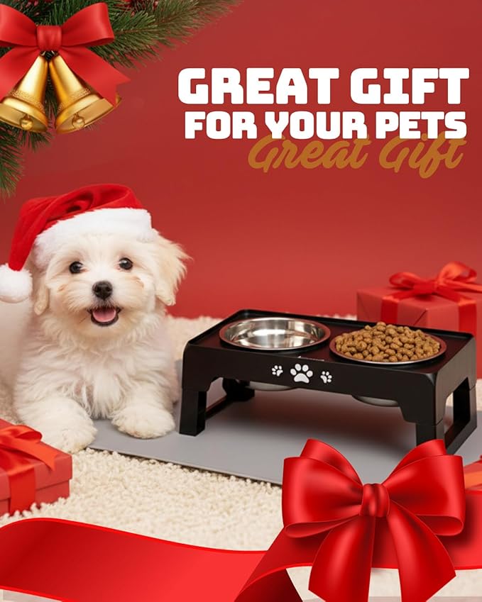 Elevated Dog Bowls for Small Dogs and Cats with Mat, Non-Slip Cat Bowls with 2 Thick 5.5" Stainless Steel Dishes, Dog Feeder 2 Heights Adjustable to 2.6"-5.3"