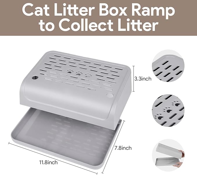 Cat Ramp for Litter Box Step, Self Cleaning Cat Litter Box Ramp Trapper with Storage Double Layered, Small Step Pedal Stool with Filter Function Steps for Small & Elderly Cats(Gray 11.8"x 7.87"x 3.3")