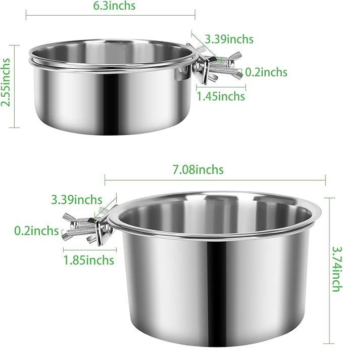 2 Pcs Large Dog Food Water Bowl for Cage with Upgraded Clamp Holder, Pet Kennel Hanging Bowls Stainless Steel Non-Spill Detectable Bowls Crate Feeder Dish for Large Dogs (7x3.7''& 6.3x2.5'')