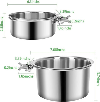 2 Pcs Large Dog Food Water Bowl for Cage with Upgraded Clamp Holder, Pet Kennel Hanging Bowls Stainless Steel Non-Spill Detectable Bowls Crate Feeder Dish for Large Dogs (7x3.7''& 6.3x2.5'')