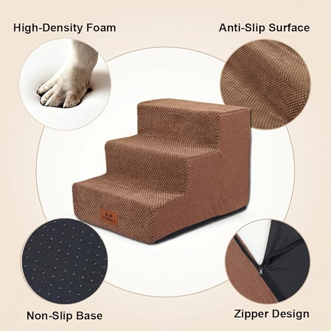 2 Pcs Dog Stairs 3-Step Dog Stairs for Bed Couch Sofa 13.5" H Pet Steps for Puppy Small Dogs Cat Puppy Small Medium Dogs (Brown, 3-Stairs 13.5" H)