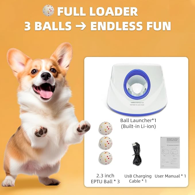Automatic Dog Ball Launcher-Small Silent Dog Ball Thrower, 3 Adjustable Distances (20ft/33ft/46ft), Rechargable,Includes 3 Durable 2.3" Balls for Small/Medium Dogs (Blue, Medium)