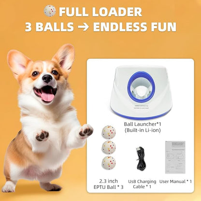Automatic Dog Ball Launcher-Small Silent Dog Ball Thrower, 3 Adjustable Distances (20ft/33ft/46ft), Rechargable,Includes 3 Durable 2.3" Balls for Small/Medium Dogs (Blue, Medium)