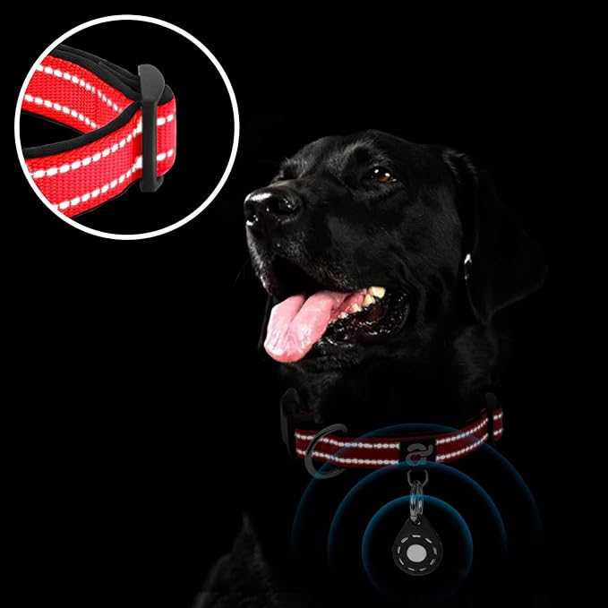 azuza Reflective Dog Collar with Airtag Holder, Soft Neoprene Padded Pet Collar with ID Tag Ring, Adjustable for Large Dogs,Red,L