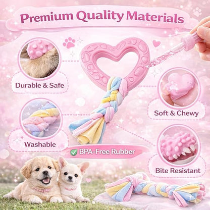 Pink Puppy Toys, 6- Pack Teething Chew Toys, Soft Durable Rubber Teething Toys for Puppies Small Breeds, Eco-Friendly, Interactive Puppy Chew Toys for Small Dogs, (Basket not Included)