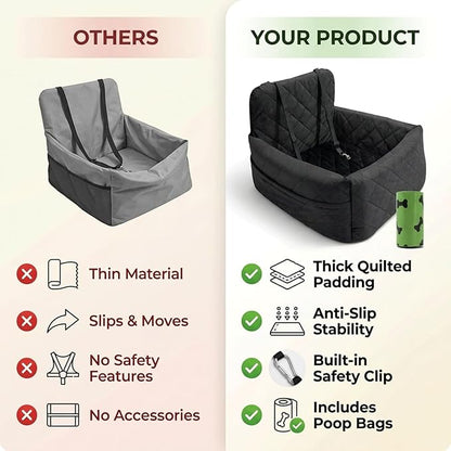 Small Dog Car Seat & Medium Dogs with 4 Rolls of Poo Bags, Booster Seat with Detachable Washable Cover, Travel-Safe with Safety Belts & Storage Pockets, Made with Soft Cotton & Durable Polyester