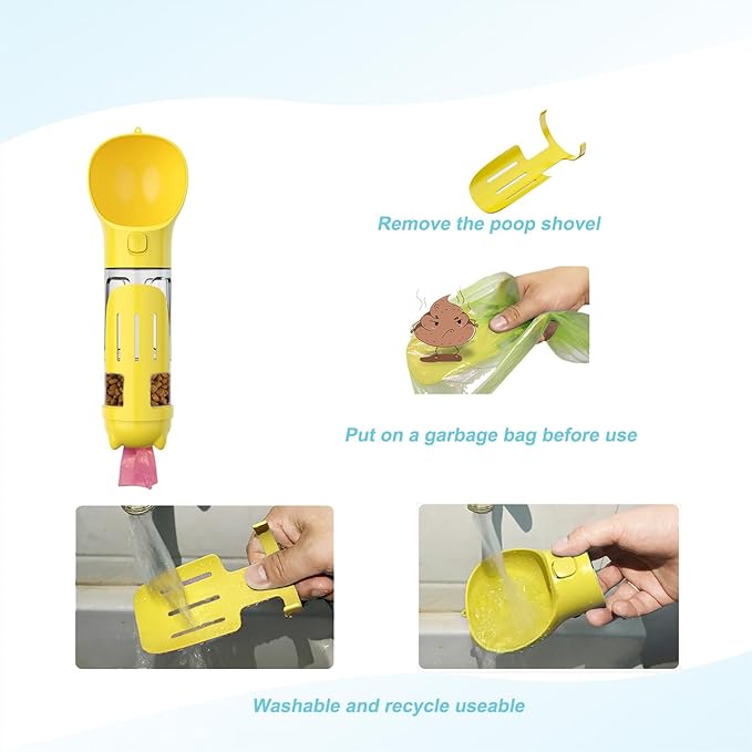 Upgraded Dog Water Bottle,Multifunction with Detachable Pet Treat Container and Poop Bags Box,Trash Shovel,O-Shaped Dog Bowl,Leakproof,Pet Travel,Outdoor Activity Necessities,Yellow(10.56fl oz)