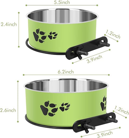 Dog Crate Bowls, ShineMe Stainless Steel Dog Kennel Bowls for Crates, Spill Proof Dogs Dishes that Attach to Crate Kennel Cage for Small Medium Size Dogs Cats, Set of 2, Green (6.2x2.6” & 5.5x2.4”)