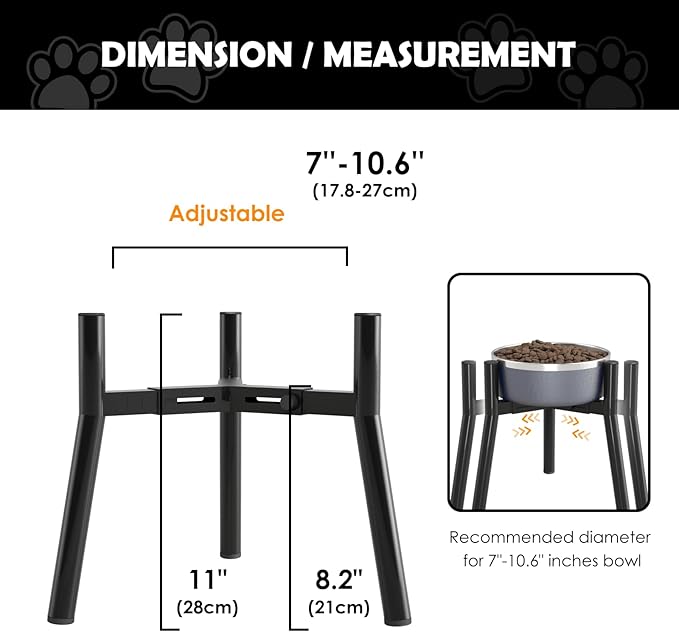 SHAINFUN Adjustable Dog Bowl Stand, Tall Elevated Feeder for 7-10.6" Bowls, Metal Single Raised Holder, 11" Tall (Bowl Not Included)