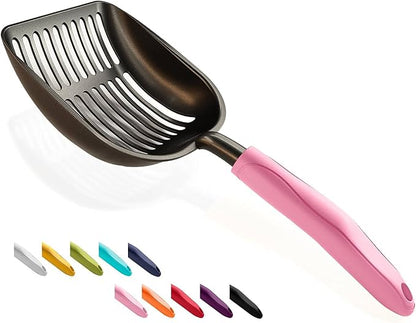WePet Cat Litter Scoop, Non-Stick Plated Aluminum Alloy Sifter, Kitty Durable Metal Scooper, Deep Shovel, Long Handle, Kitten Pooper Lifter, Size Large, Coated Black Body with Pink Handle