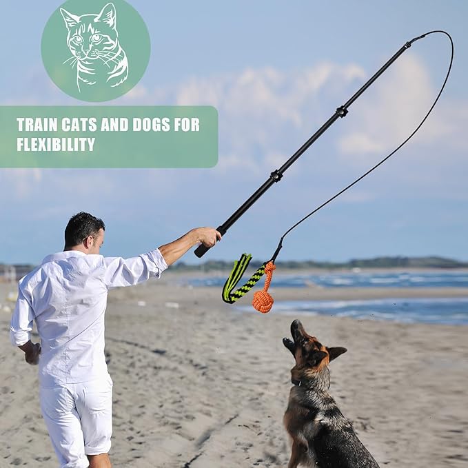 Upgraded Interactive Dog Toys - Extendable Flirt Pole Teaser Wand with Braided Rope Chewing Tugs and Squeaky Plush Chase Toy for Dog Puppy Outdoor Entertainment, Train and Exercise