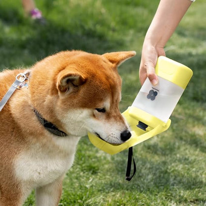 All-in-One Portable Dog Water Bottle with Treat Container, Foldable Bowl, Waste Bag Dispenser & Crossbody Strap – Leak-Proof Pet Travel Feeder for Walking, Hiking & Outdoor Adventures, Yellow